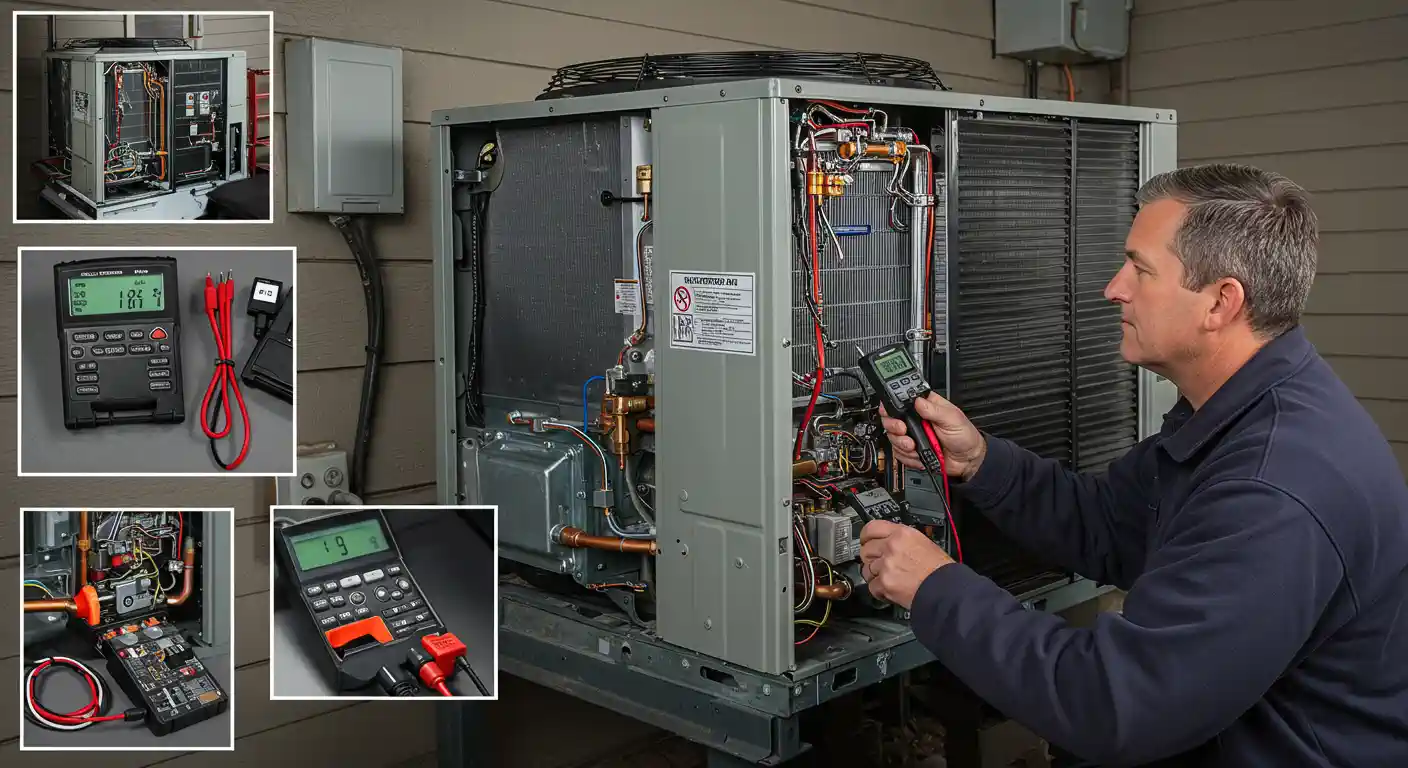 A composite image showing an HVAC technician wearing a blue shirt servicing an outdoor air conditioning or heat pump unit. He is using a digital clamp meter to test the electrical components and wiring. Inset images show closer views of the unit's internal parts and the meter displaying various readings during the diagnostic process.