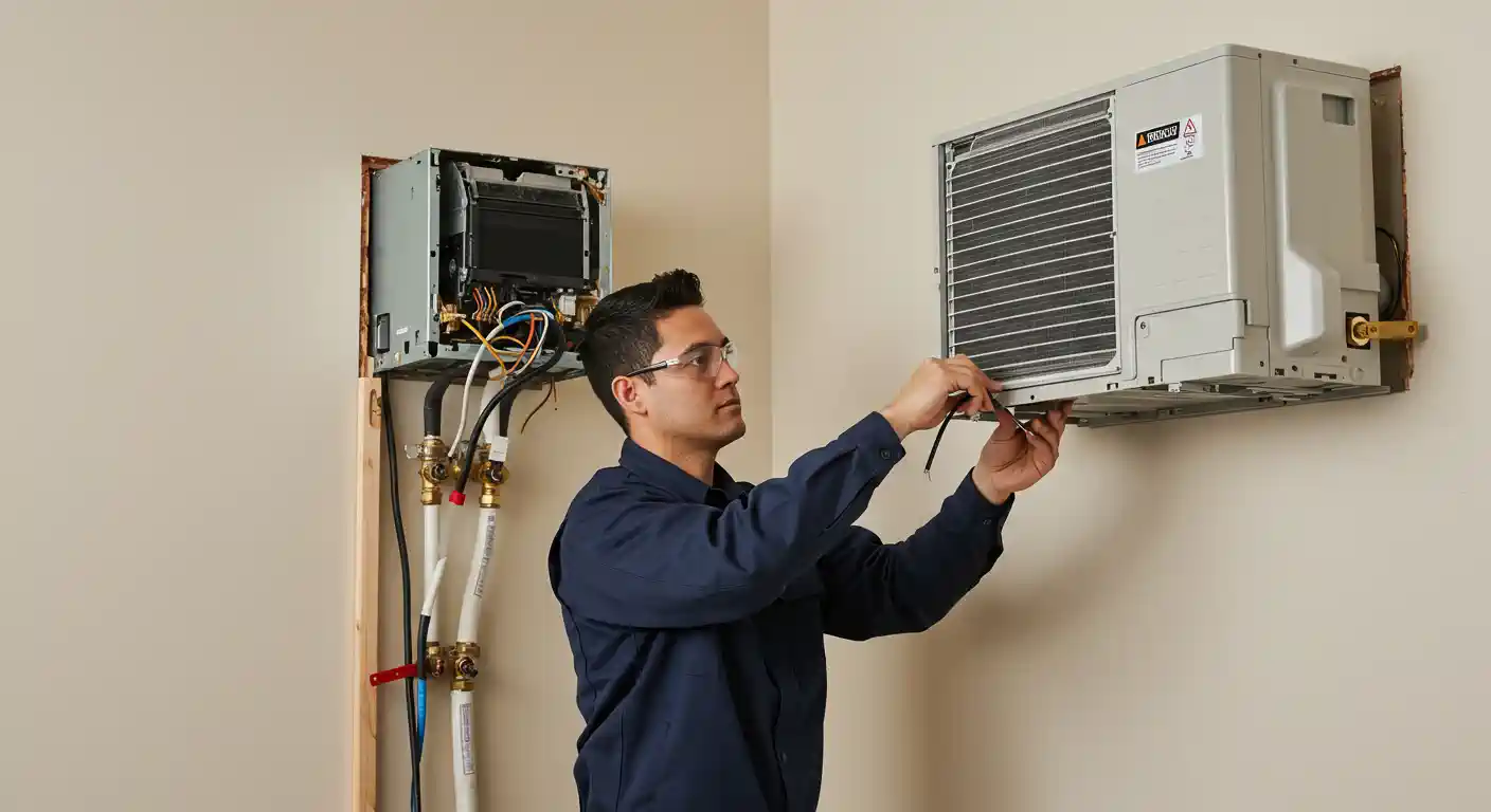 A male HVAC technician wearing a dark blue uniform and safety glasses is installing or servicing a ductless mini-split indoor unit using a tool, possibly pliers or a screwdriver. To the left, a partially exposed, older or secondary unit is visible, showing the refrigerant lines and piping connections coming through the wall. The units are mounted on a light beige wall.