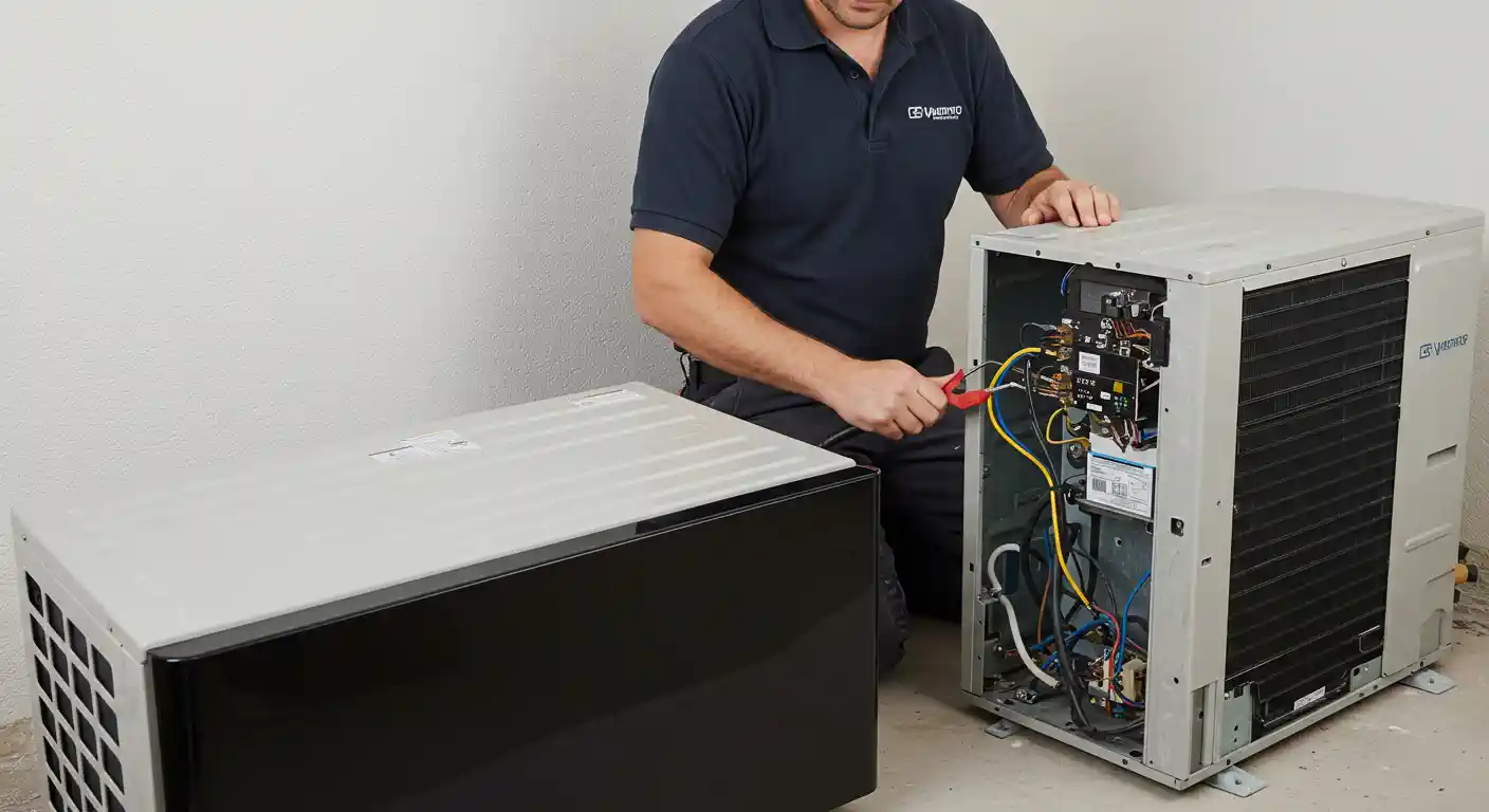  A professional HVAC technician wearing a dark blue polo shirt is kneeling beside two rectangular indoor mini-split units. He is using red and black electrical leads (likely from a multimeter) to test the wiring and circuit board inside the open, right-hand unit, which is under maintenance or repair. A closed unit sits on the left.