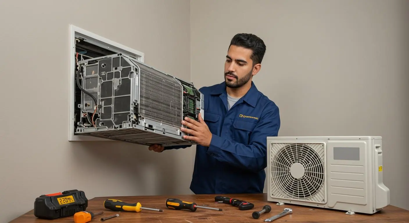 A handsome male HVAC technician in a blue uniform is installing or servicing a built-in mini-split indoor unit by holding its internal assembly, including the coil, as he guides it into a rectangular wall opening. A compact outdoor condenser unit sits on a wooden table to his right, with various tools and a multimeter visible in the foreground.