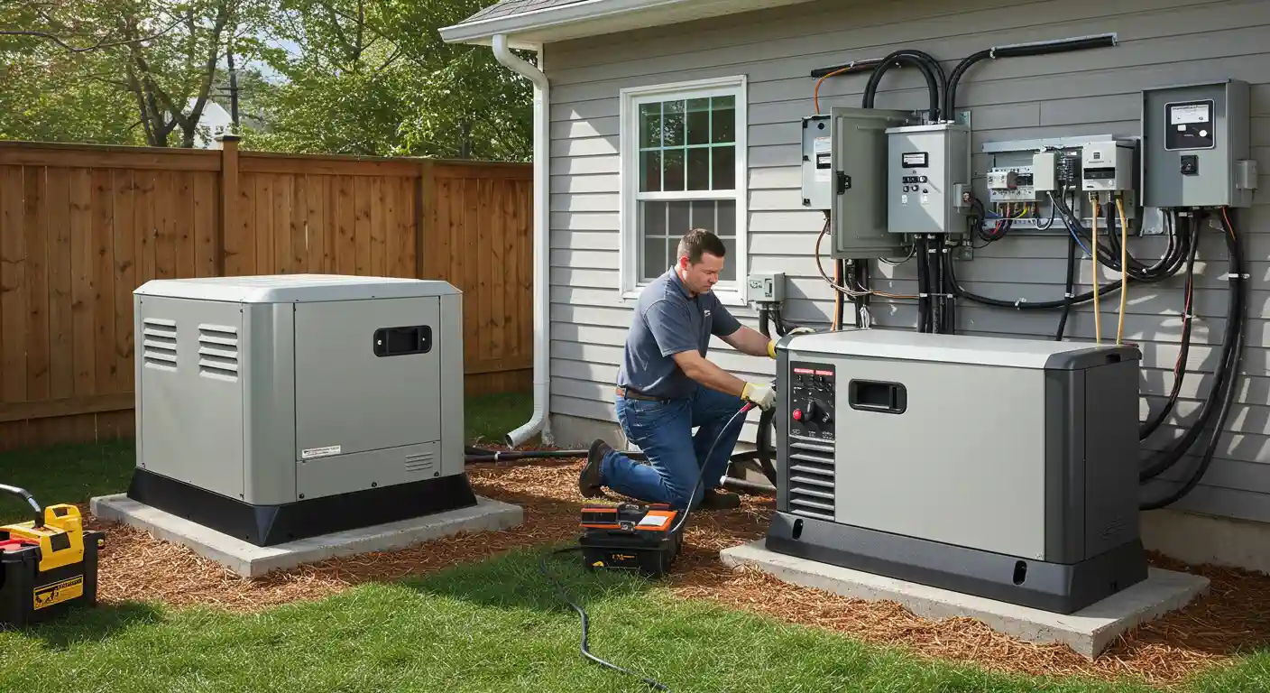 A technician wearing a gray polo shirt and blue jeans is servicing a whole-house standby generator mounted on a concrete pad next to the light gray siding of a house. The technician is kneeling next to the open generator, connecting a cable from a small tool. A second, larger generator sits on a pad to the left, and multiple electrical transfer switches and panels are visible mounted on the house wall.
