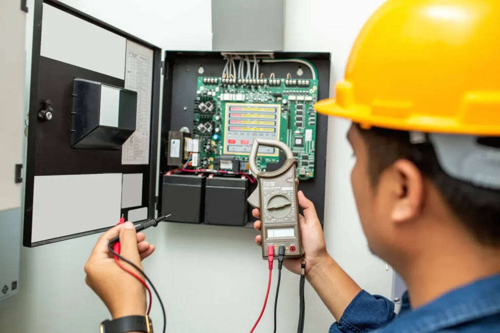 Electrician inspecting electrical panel with multimeter, emphasizing safety and the importance of regular electrical inspections.