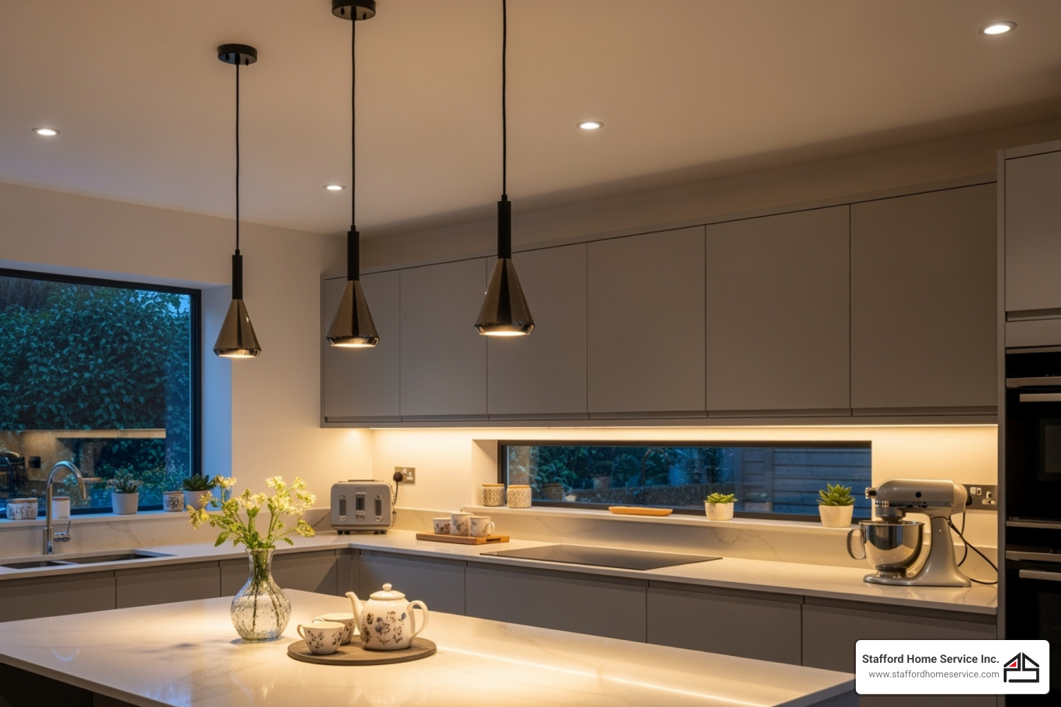 a modern kitchen with layered lighting, including pendants and under-cabinet lights - lighting installation stillwater, mn