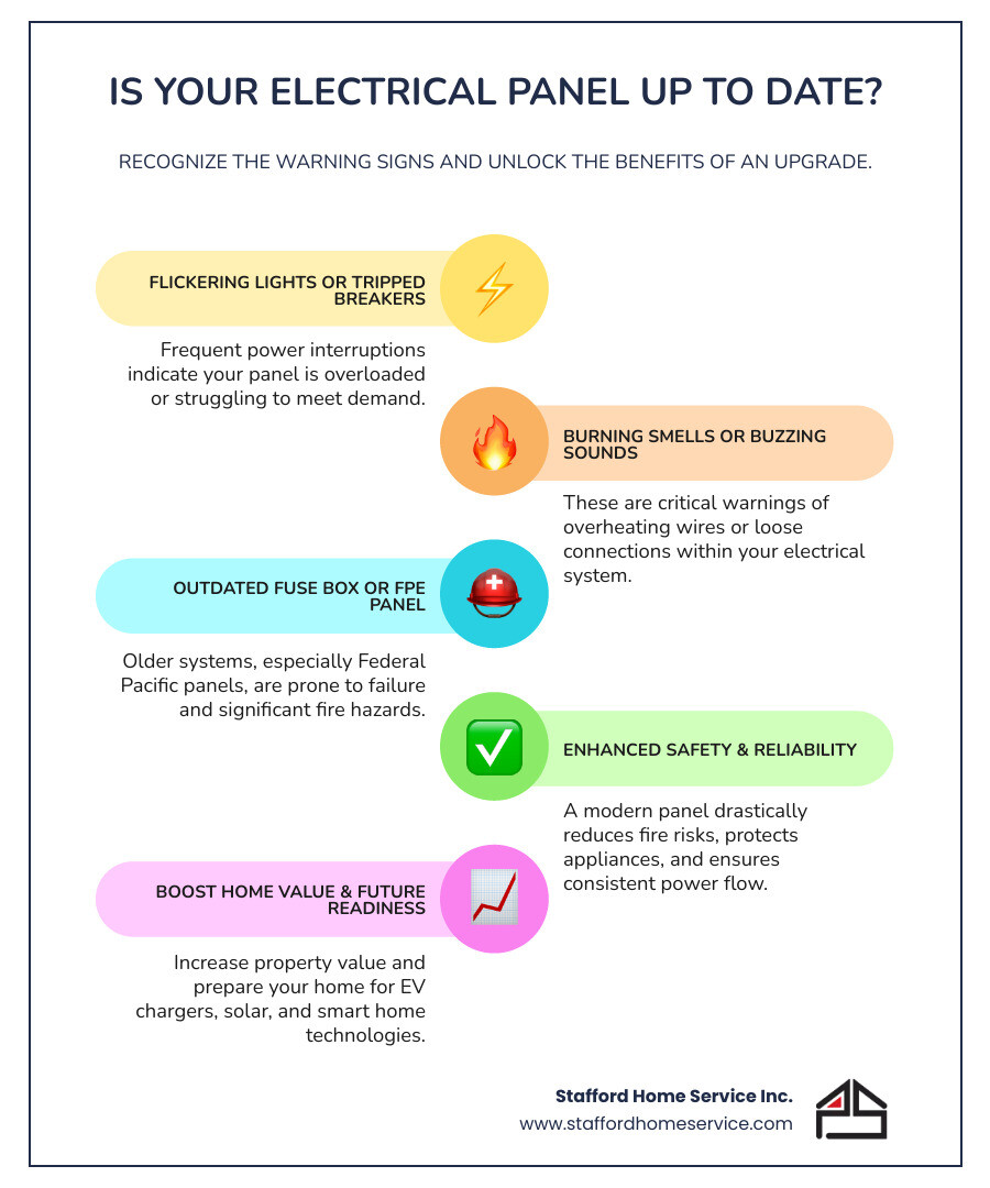 infographic showing warning signs that indicate need for electrical panel upgrade including flickering lights, frequently tripped breakers, buzzing sounds, burning smells, outdated fuse boxes or federal pacific panels, and over-reliance on extension cords, plus benefits of upgrading such as improved safety, support for modern appliances, increased home value, and future readiness for evs and solar - electrical panel upgrade maple grove, mn infographic infographic-line-5-steps-colors