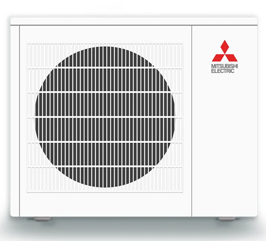 Mitsubishi Electric heat pump unit, designed for energy-efficient heating and cooling, featuring a circular vent and branded logo, suitable for residential use in Plymouth, MN.