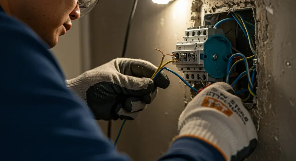 Electrician working on electrical wiring and connections in a residential wall outlet, emphasizing electrical repair services in Richfield, MN.