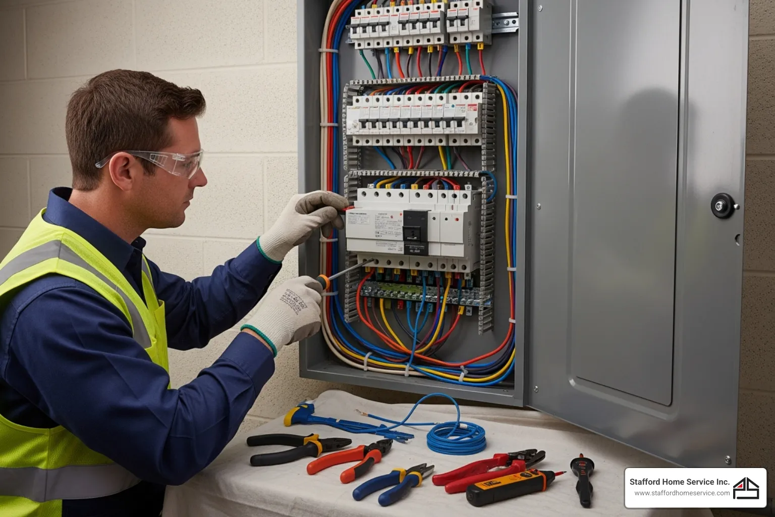 A technician working on repairing electrical board circuit using a tool