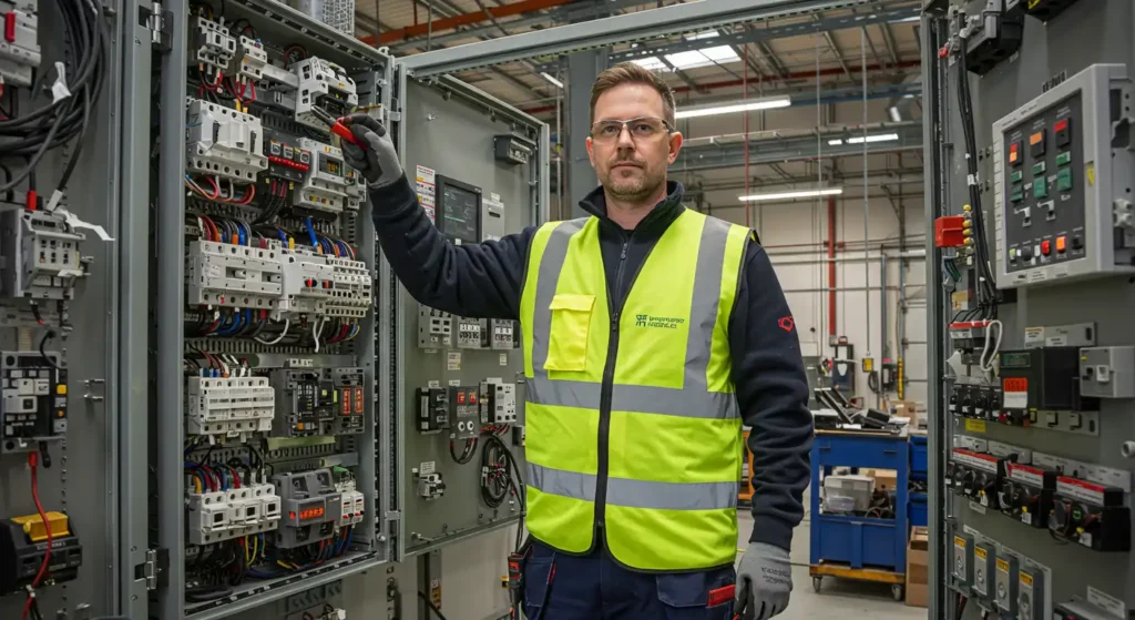 Electrician in safety gear working on electrical panel, showcasing professional electrical services relevant to Stafford Home Service in Richfield, MN.