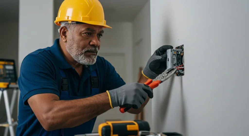 Electrician in hard hat using pliers to repair electrical wiring in a residential setting, emphasizing expert electrical services in Richfield, MN.