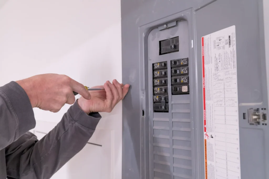 Electrician working on an electrical panel upgrade, showcasing circuit breakers and safety features in a residential setting.