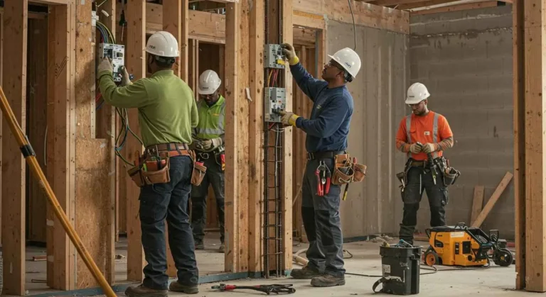 Four construction workers wearing hard hats and safety gear are working on electrical wiring and panels inside a wood-framed building under construction.