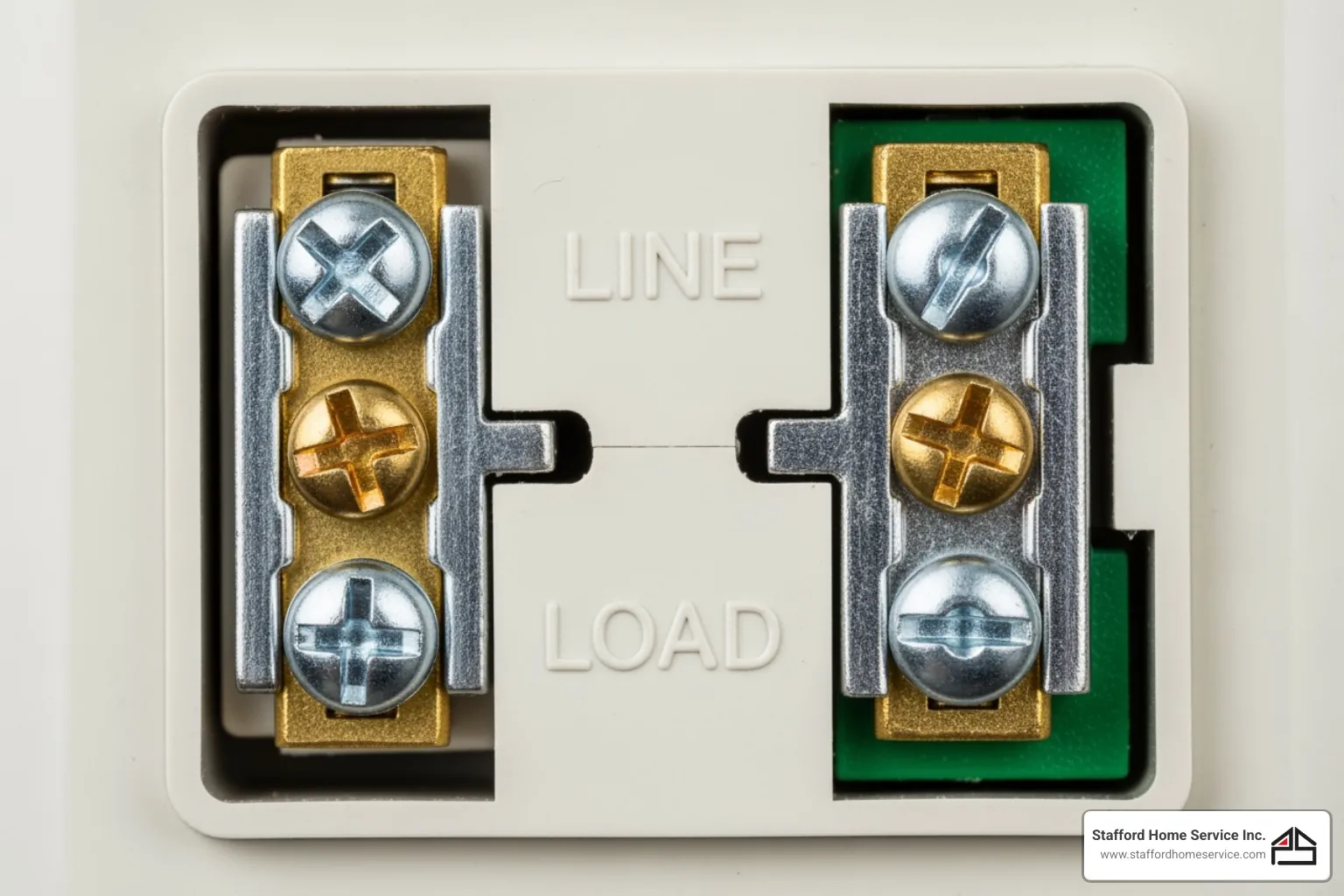 Close-up of GFCI outlet LINE (incoming power) and LOAD (outgoing circuit) terminals and screw connections