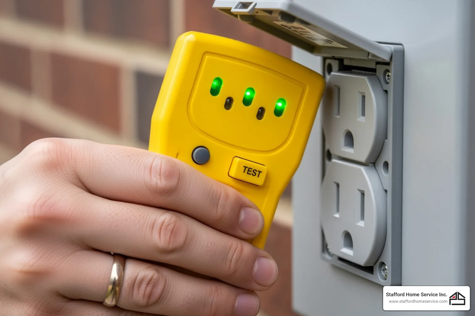 Hand using a yellow outlet tester tool plugged into a white, weatherproof GFCI outdoor receptacle, displaying green lights
