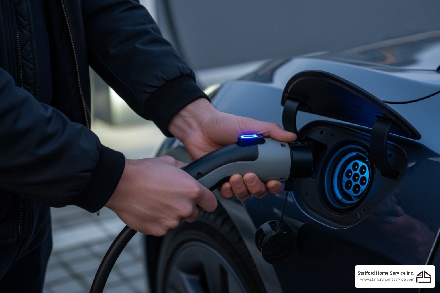 person plugging an ev charger into their car - ev charger installation