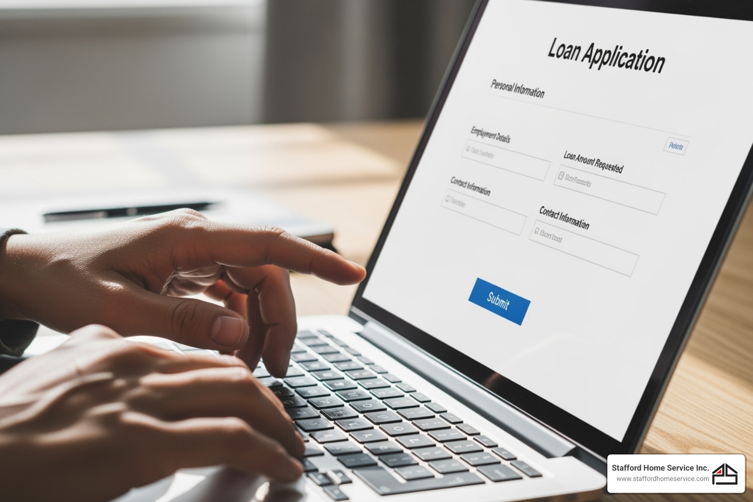 a digital loan application form on a laptop screen, with a hand filling in details - financing ac installation