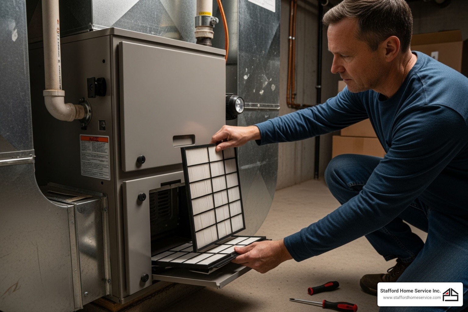 Man inspecting and replacing the air filter in a furnace, demonstrating DIY furnace maintenance for homeowners.