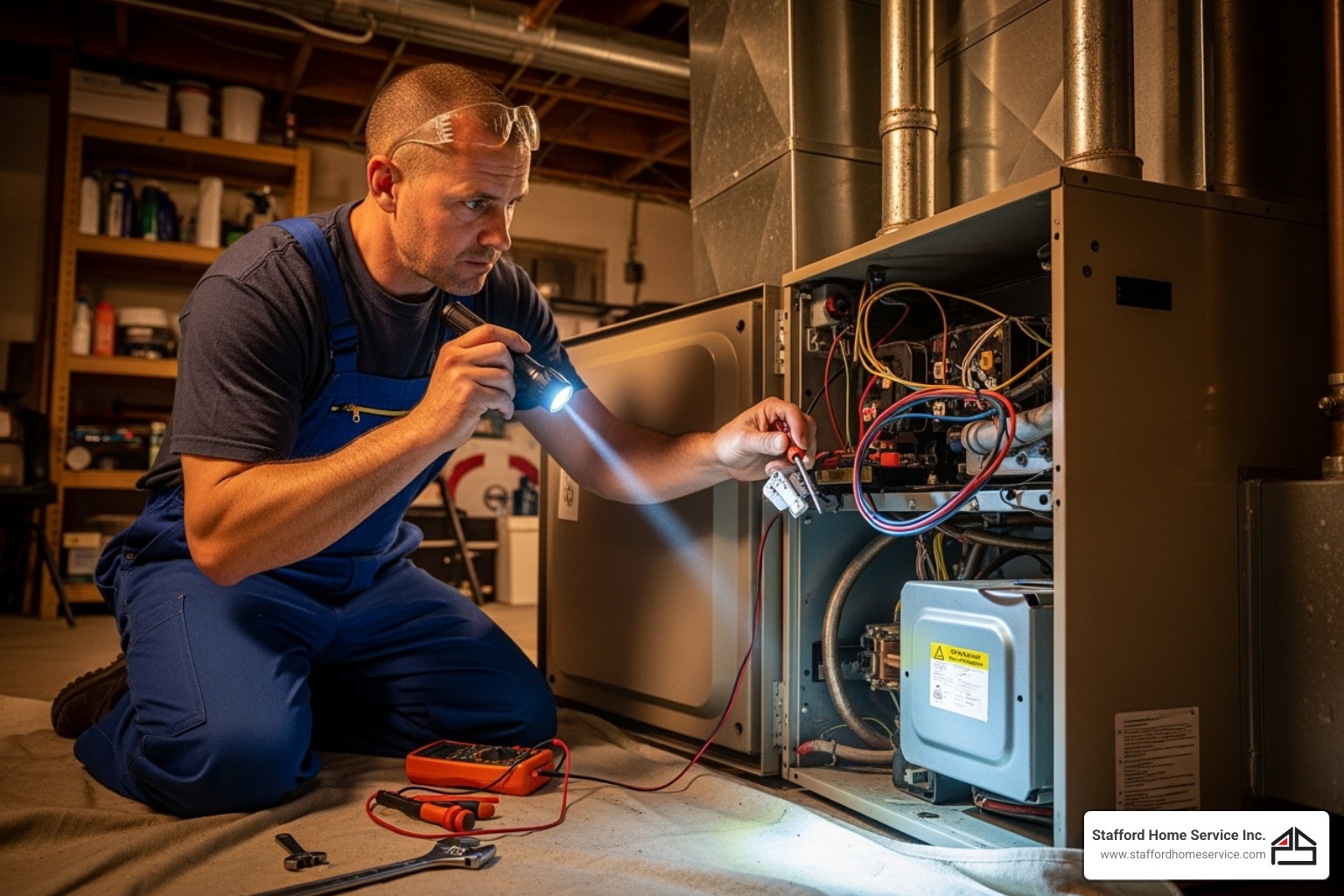Technician inspecting furnace components with flashlight and multimeter, diagnosing heating system issues for Stafford Home Service.