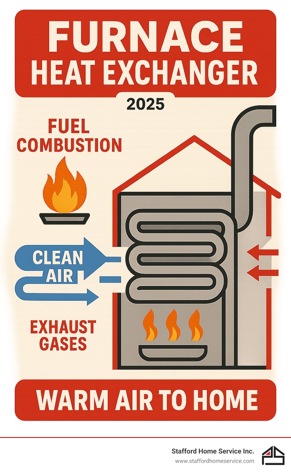 detailed infographic showing the furnace heat exchanger process: fuel combustion heating metal tubes, clean air flowing over heated surfaces to warm the home, and exhaust gases safely venting outside through the flue pipe - furnace heat exchanger infographic 