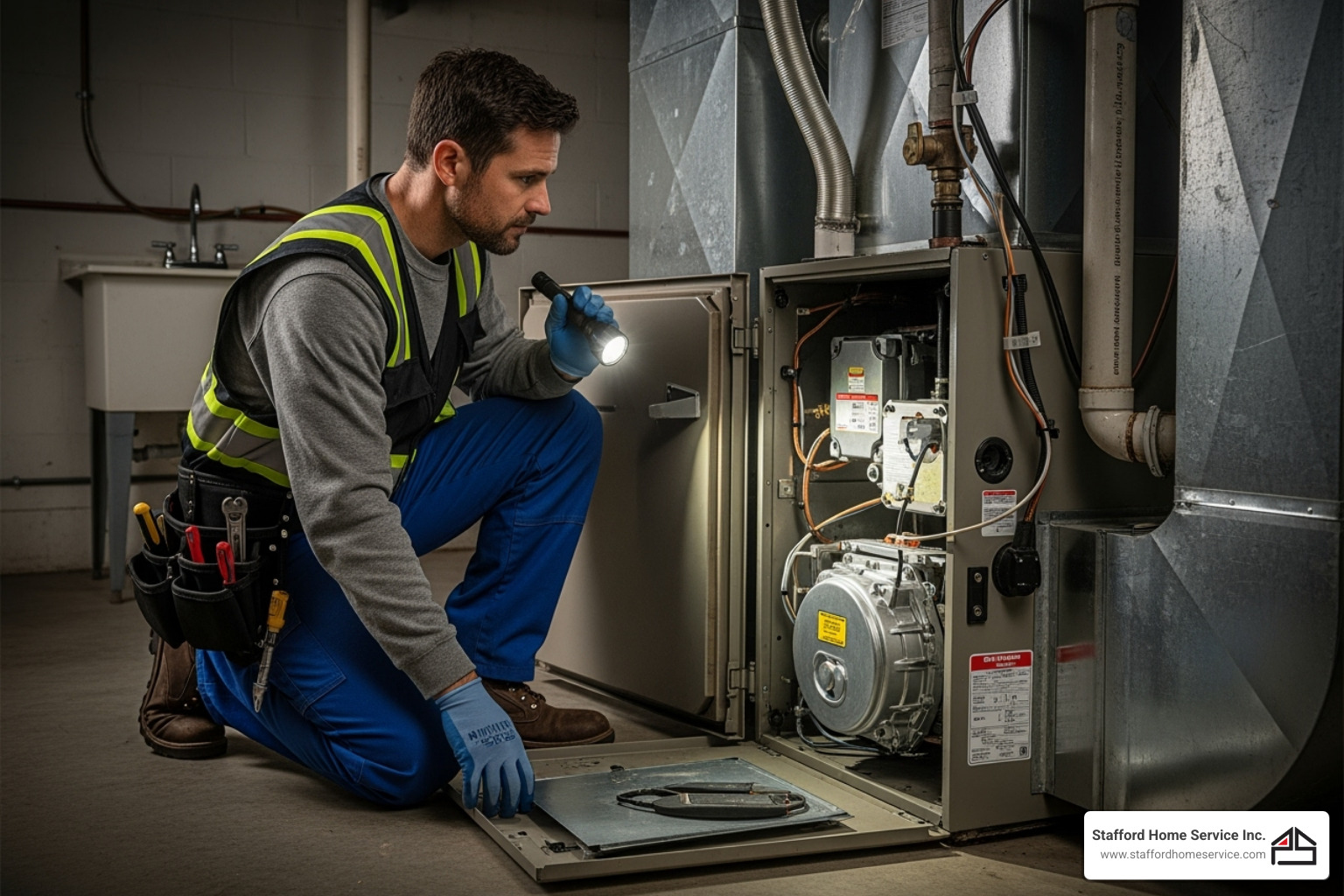 hvac technician inspecting furnace - furnace heat exchanger