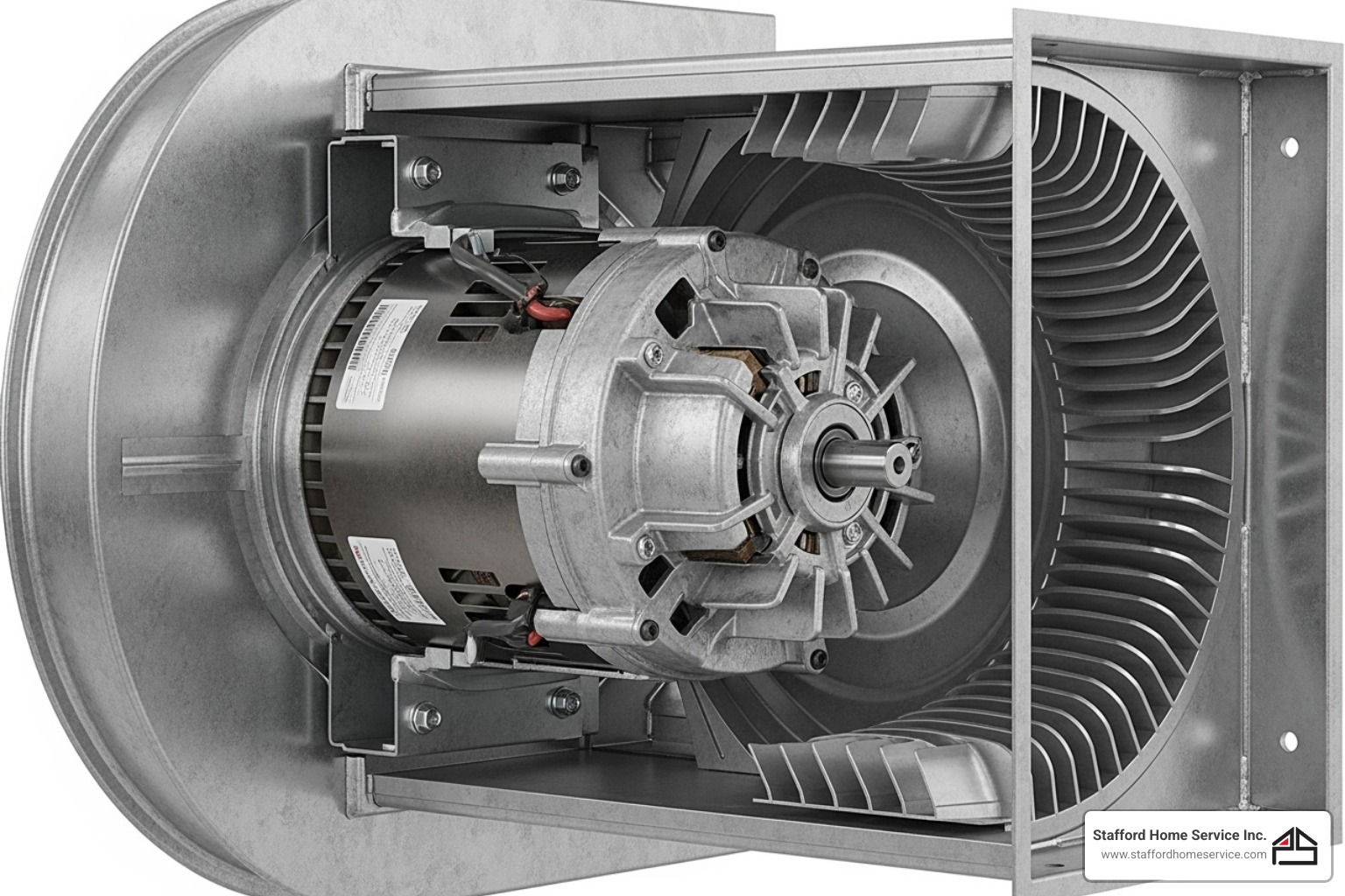 Furnace blower motor assembly showcasing the internal components, relevant to diagnosing furnace noise issues like squealing and screeching, with Stafford Home Service branding.