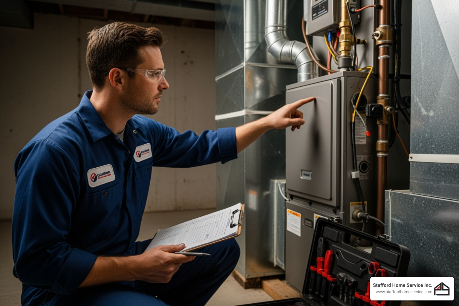 technician inspecting a furnace with a checklist - furnace repair questions
