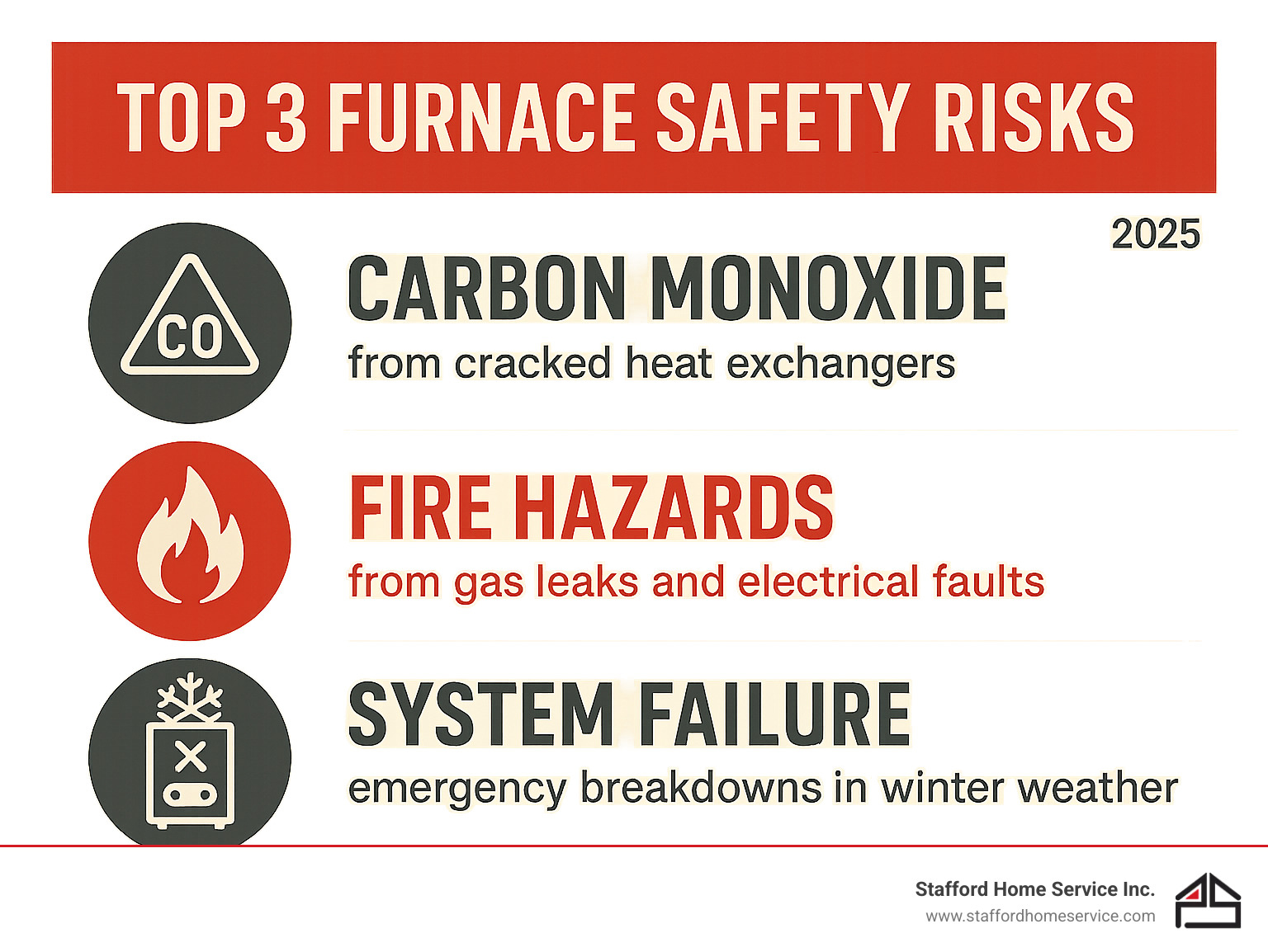 infographic showing the top 3 furnace safety risks: carbon monoxide poisoning from cracked heat exchangers, fire hazards from gas leaks and electrical faults, and system failure leading to emergency breakdowns during winter weather - furnace safety check infographic