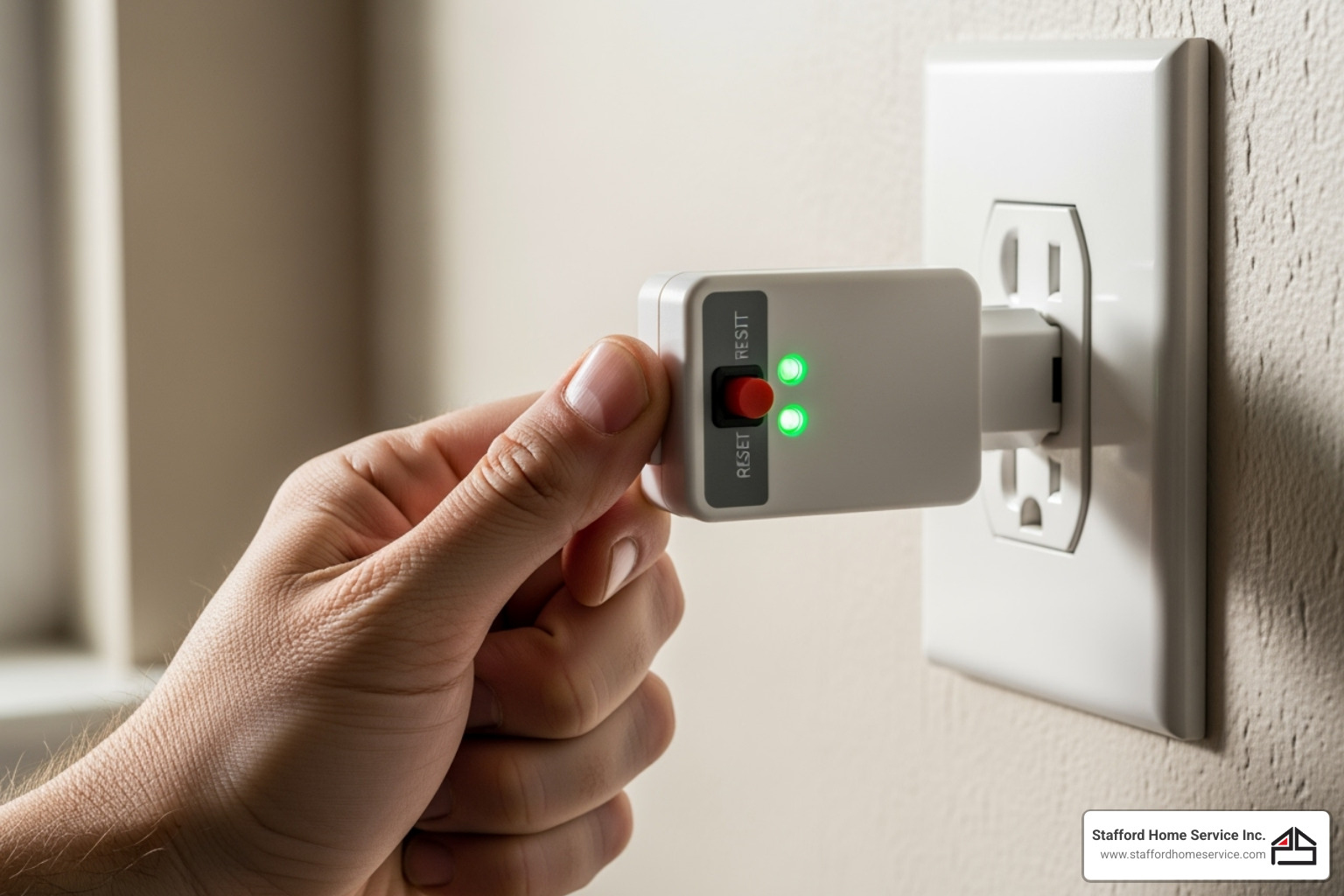 Hand pressing the reset button on a GFCI outlet tester with green indicator lights, illustrating testing procedures for GFCI outlet installation safety and functionality.