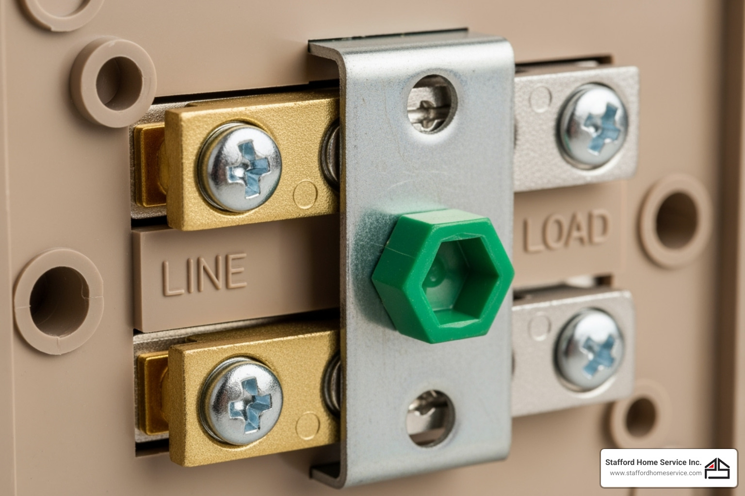 GFCI outlet terminals labeled "LINE" and "LOAD" with screws and a green hex nut, illustrating critical wiring points for safe electrical installation.