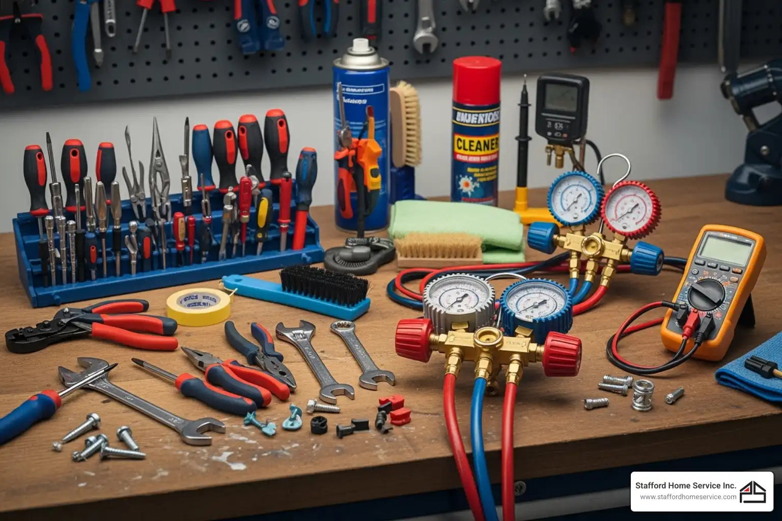 technician's toolkit with gauges and cleaning supplies - hvac tune up brooklyn park, mn
