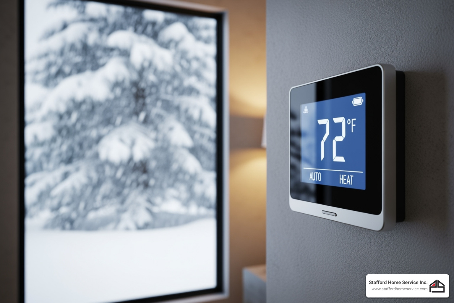 Smart thermostat displaying 72°F in a snowy winter setting, illustrating modern heating technology for efficient home comfort in cold climates.