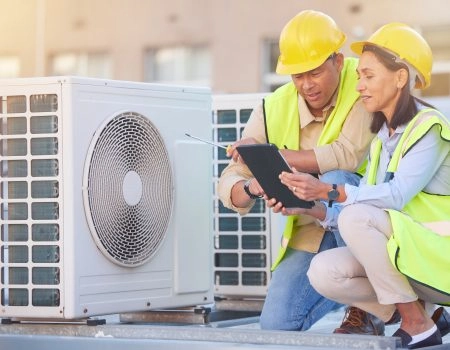 Technicians in safety gear inspecting HVAC system, emphasizing AC services and maintenance in St Louis Park, MN.
