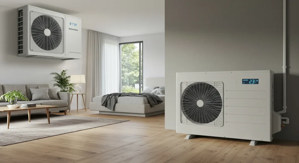 Ductless heat pump system installed in modern living room, showcasing wall-mounted and floor units for efficient year-round heating and cooling solutions.