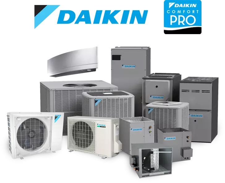 Daikin heating and cooling equipment showcasing various models for efficient home climate control.