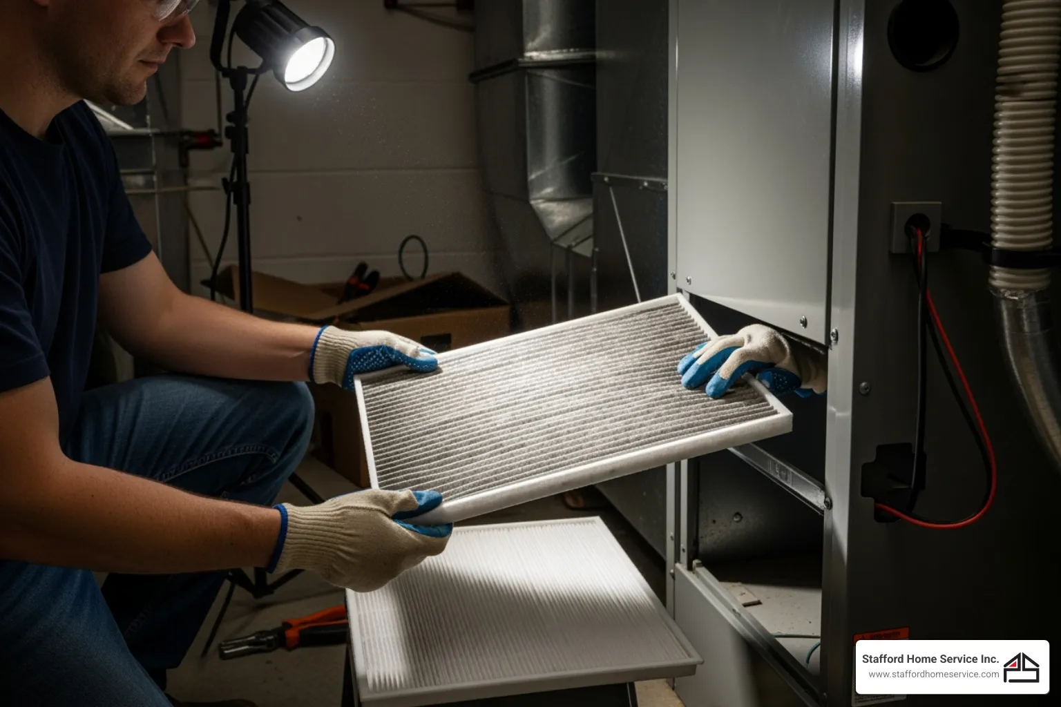 Image of a person replacing a dirty HVAC air filter - AC blowing hot