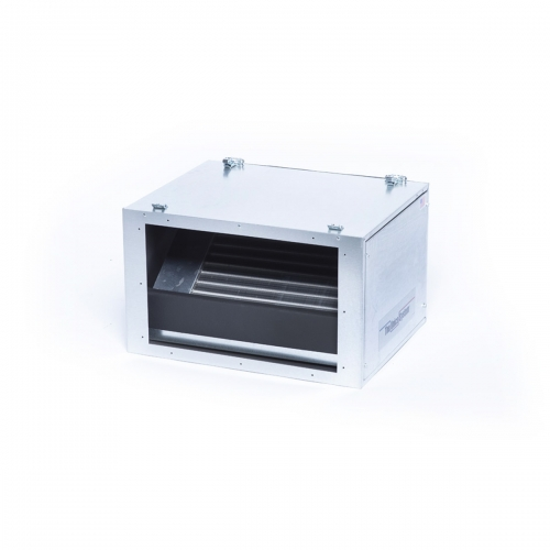 High velocity air conditioning duct unit designed for efficient heating and cooling in tight spaces, featuring a compact metal casing and adjustable airflow mechanism.