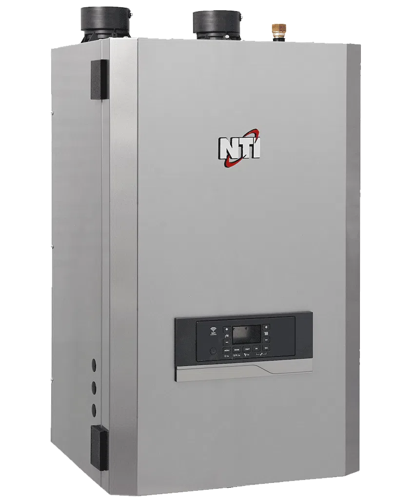 Modern NTI boiler system with digital control panel, designed for efficient home heating and energy savings.