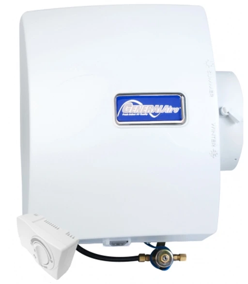 Whole-house humidifier by General Aire, designed for HVAC systems, featuring a control panel and connection for maintaining indoor humidity levels.