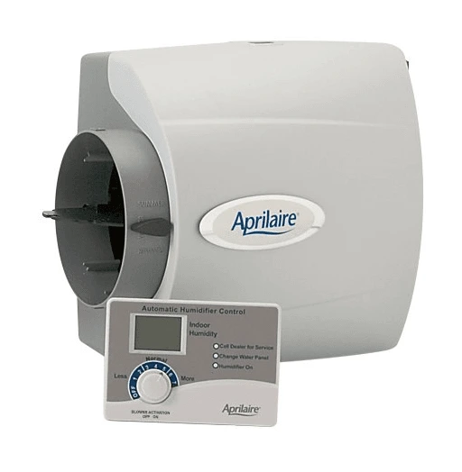 Whole-house humidifier system with digital control panel for indoor humidity management, promoting optimal air quality and comfort in homes.