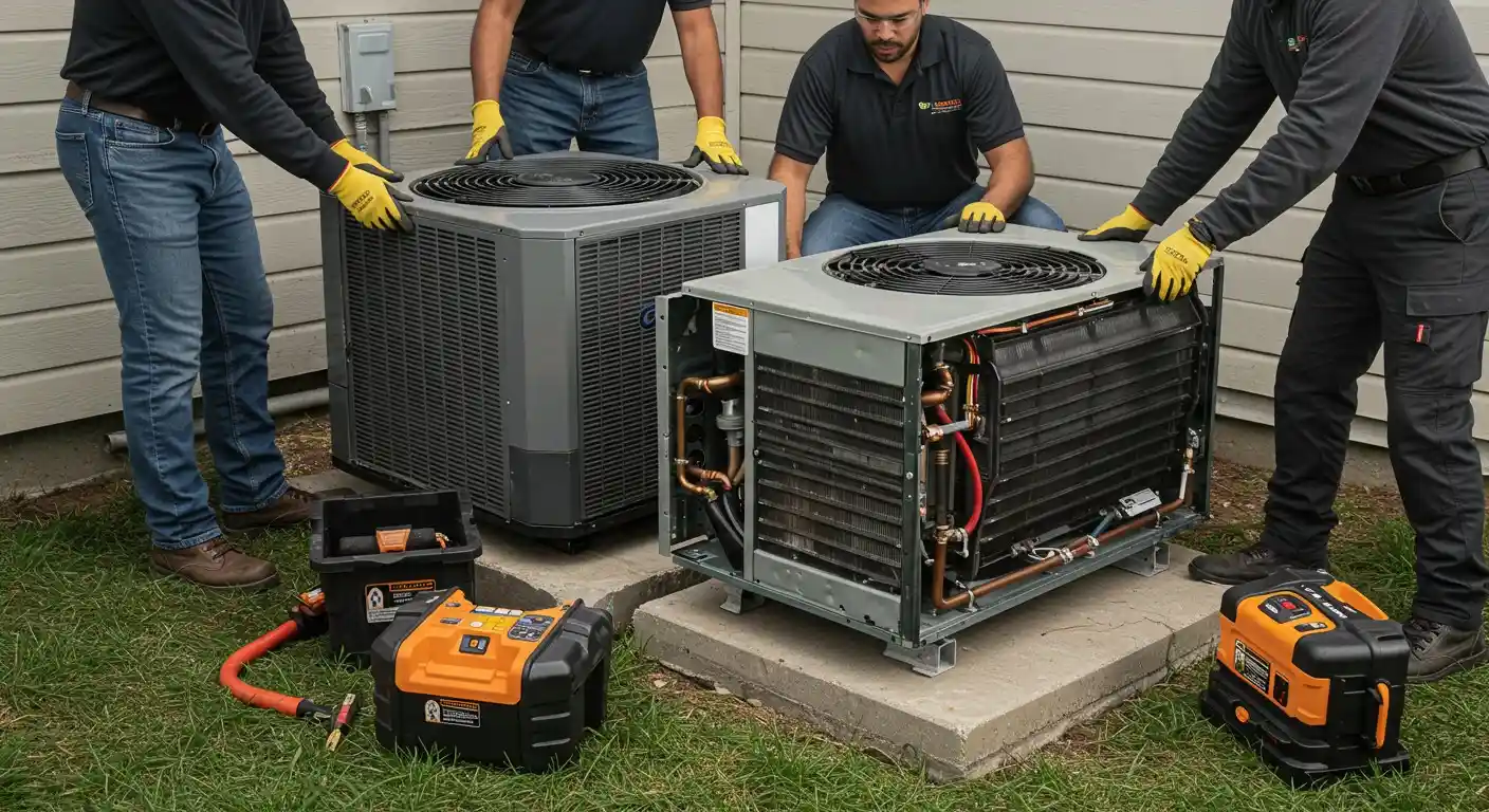 Technicians replacing old and new AC units.