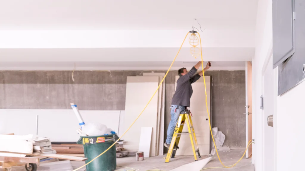 Electrician on a ladder installing lighting fixtures in a residential setting, with tools and materials visible, emphasizing electrical installation services in Lauderdale, MN.