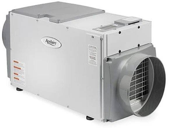 Whole house dehumidifier by Aprilaire, designed for improving indoor air quality and reducing humidity levels in homes, featuring a sleek design and ventilation outlet.