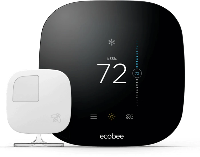Ecobee smart thermostat with display showing temperature and humidity, accompanied by a remote sensor, highlighting advanced home climate control features for HVAC systems.