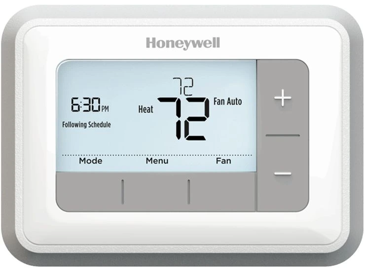 Honeywell thermostat displaying current temperature of 72°F, heat mode, and scheduled settings, relevant to HVAC services in Minneapolis, MN.