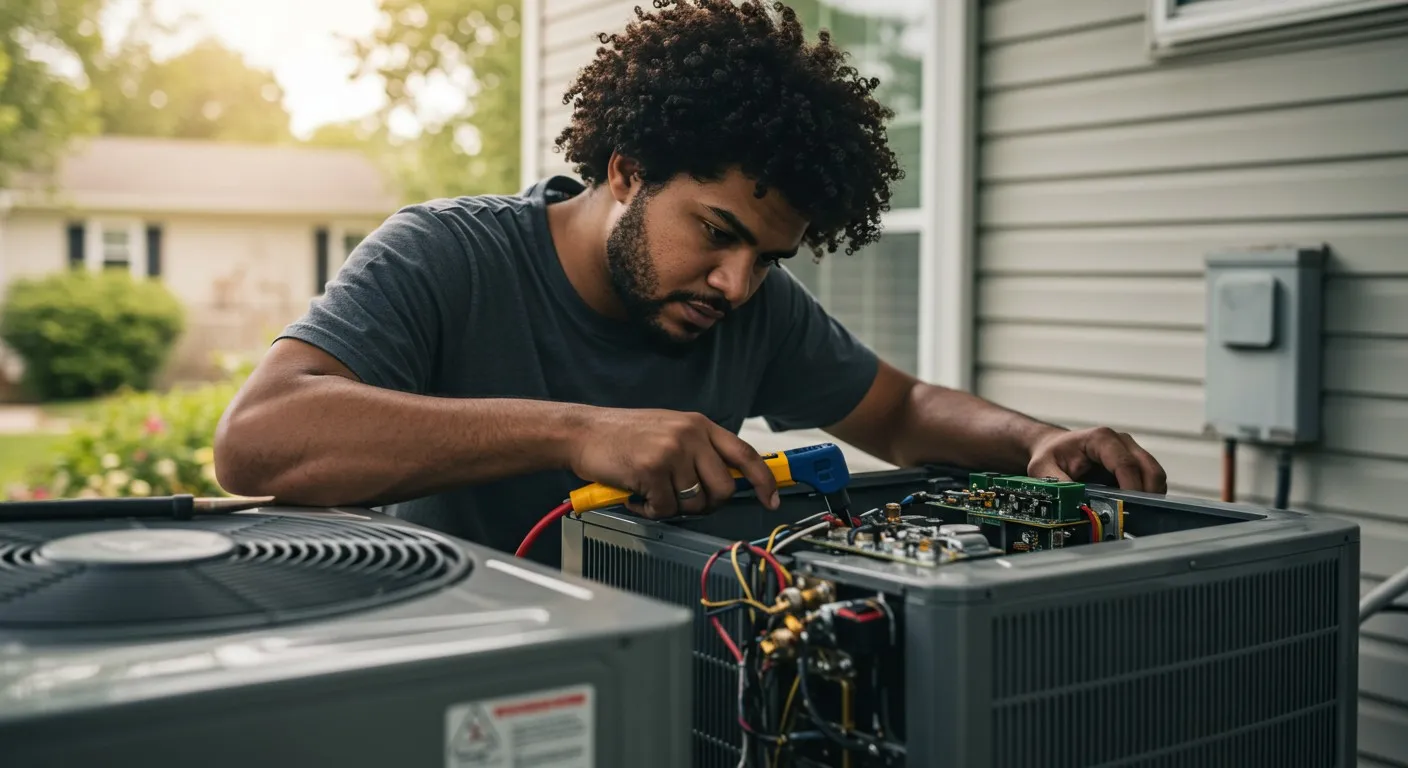 Technician repairing an outdoor HVAC control board.