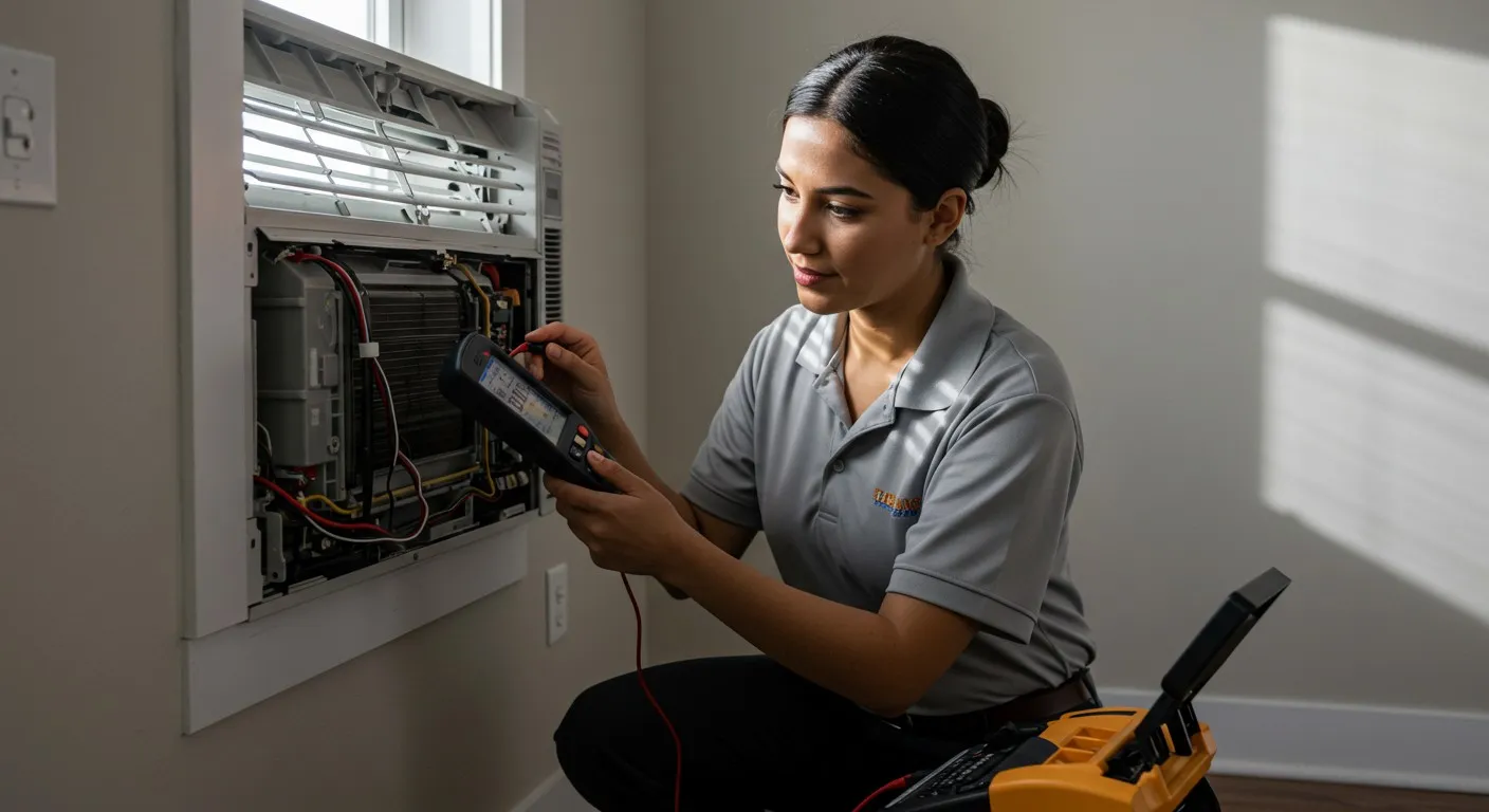 Technician using multimeter on window AC.