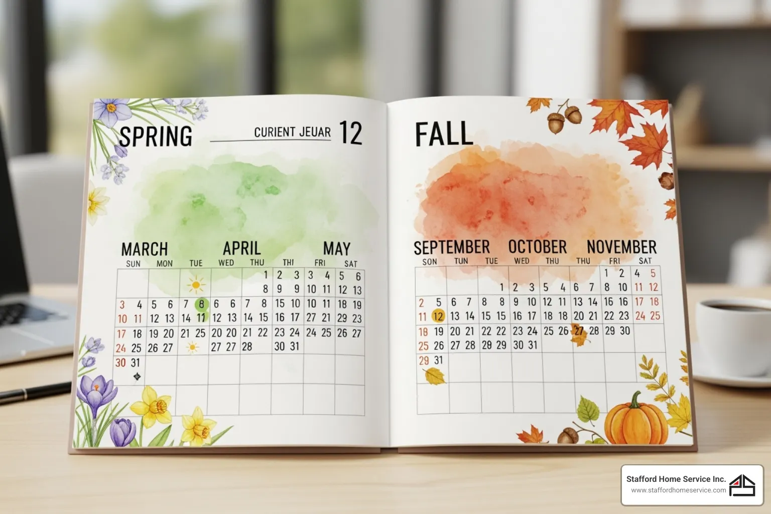 calendar highlighting spring and fall seasons - hvac preventative maintenance