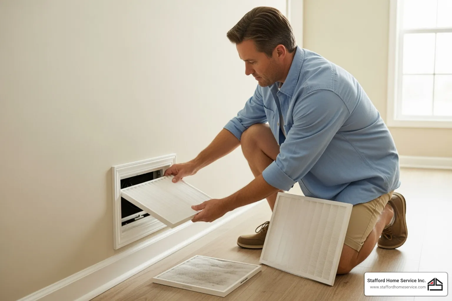 homeowner changing an air filter - hvac preventative maintenance