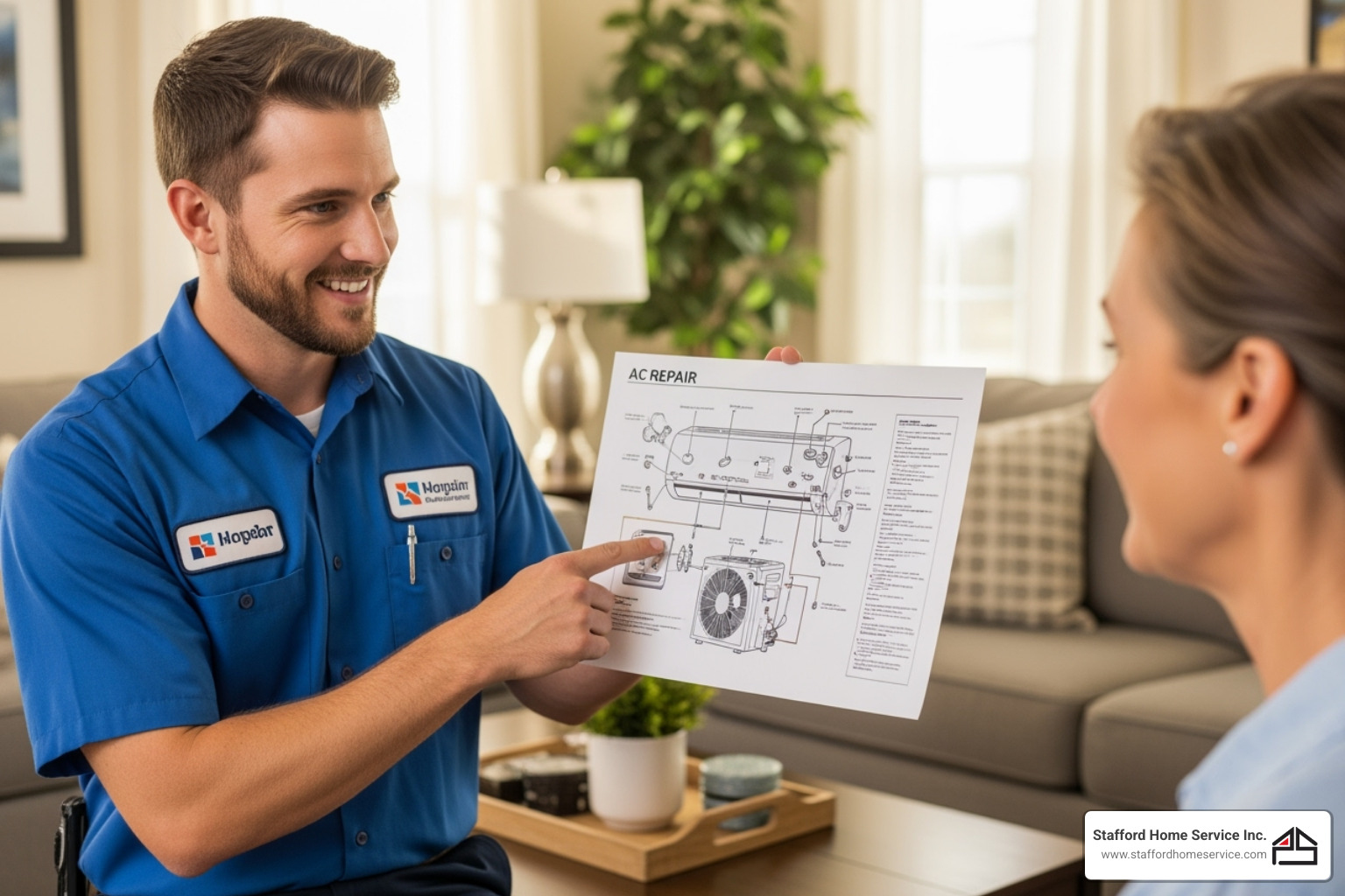 a friendly hvac technician smiling and explaining the ac repair process to a homeowner in their living room, pointing to a diagram. - ac repair coon rapids, mn