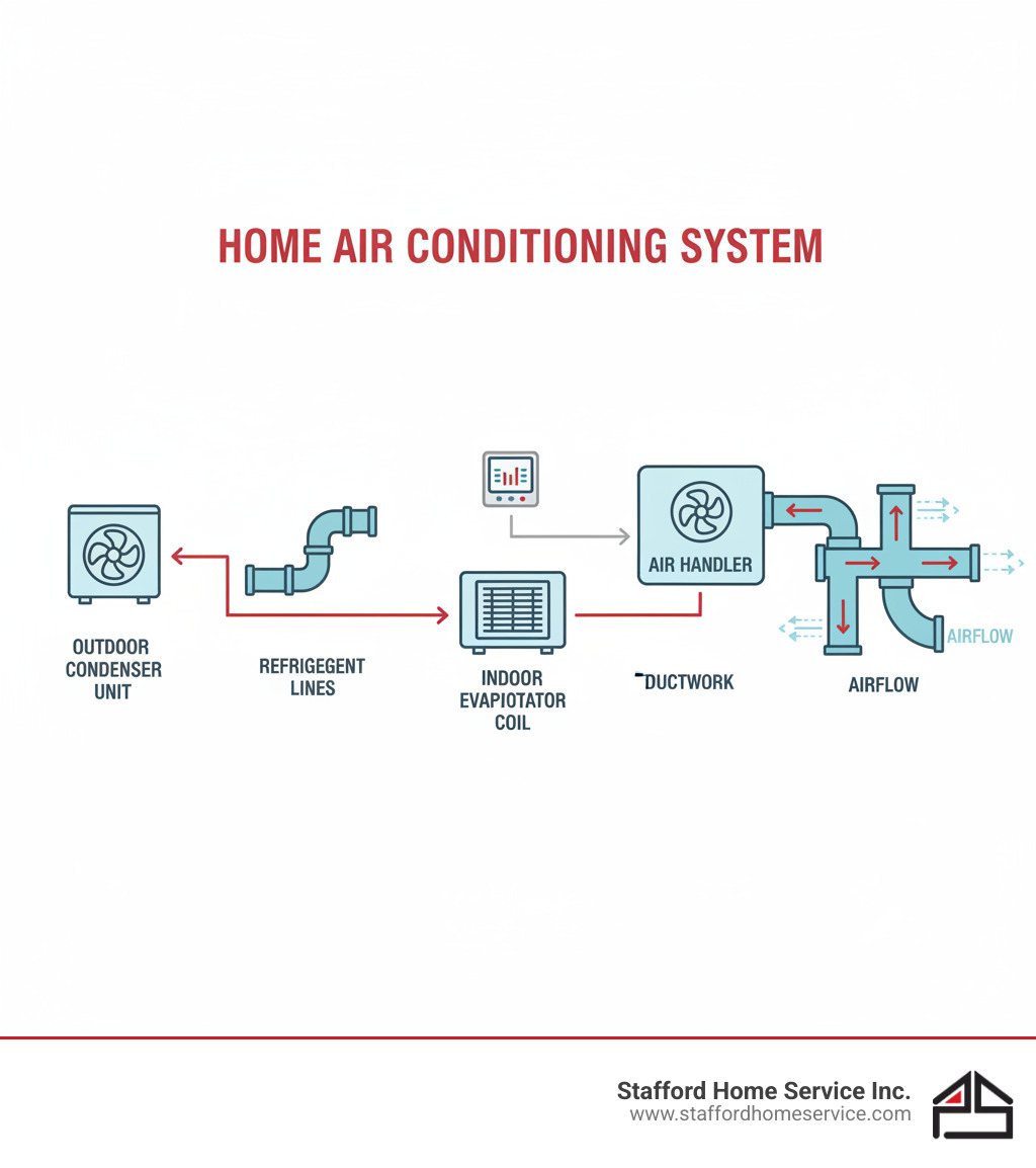 infographic showing the main components of a home air conditioning system including outdoor condenser unit, indoor evaporator coil, refrigerant lines, air handler, thermostat, and ductwork with arrows indicating airflow and refrigerant cycle - ac repair coon rapids, mn infographic