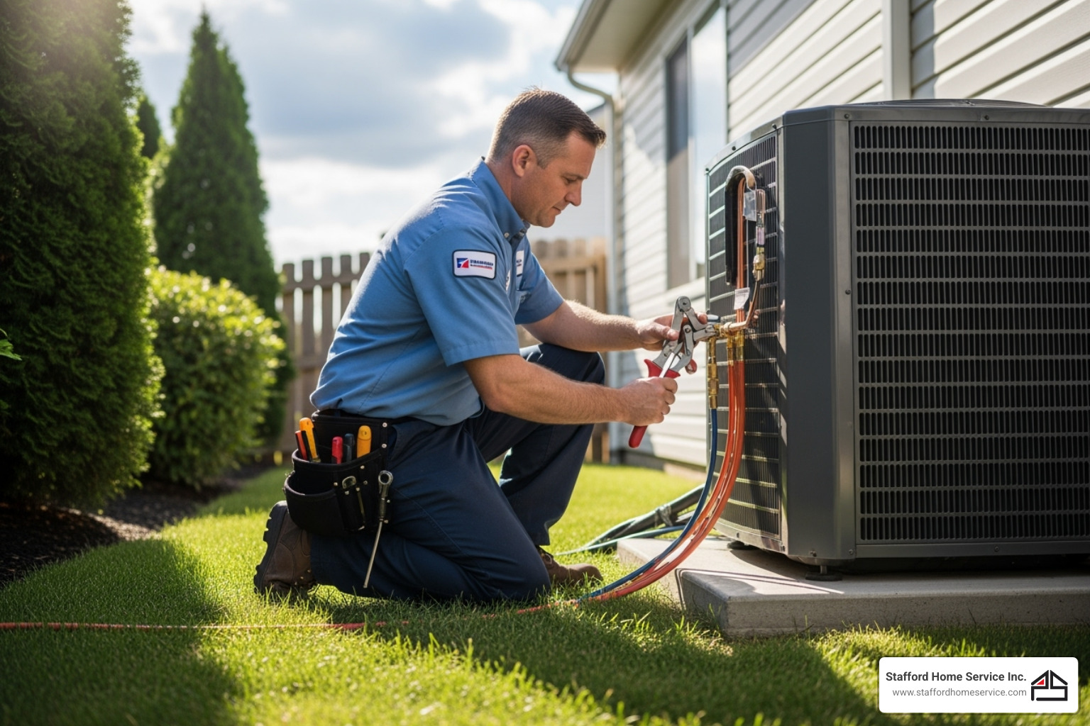 uniformed technician carefully working on an AC installation - ac installation minneapolis